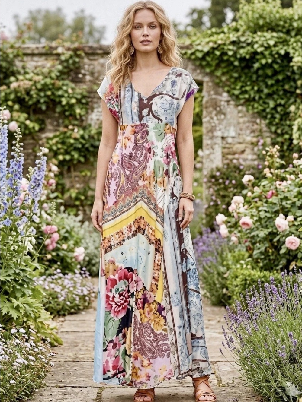 Johnny Was 100% Silk Maxi Dress A-Line Kaftan Floral Patchwork Size Small
